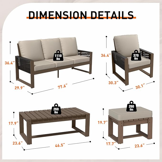 Rustic Hideaway Natural Cedar Wood Outdoor Furniture Set, Wicker Patio Conversation Set for Porch Garden Backyard, Couch, 4 Patio Chairs, Table and 2 Ottomans, 8 Piece, Brownish/Beige