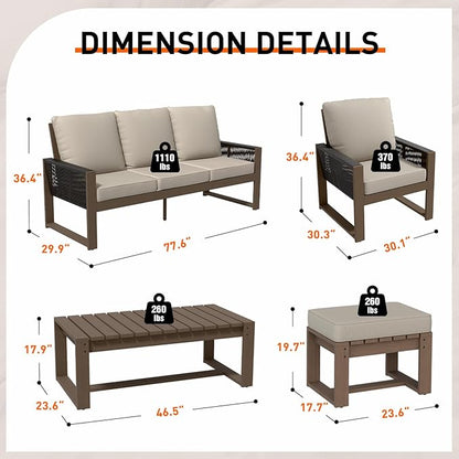 Rustic Hideaway Natural Cedar Wood Outdoor Furniture Set, Wicker Patio Conversation Set for Porch Garden Backyard, Couch, 2 Patio Chairs, Table and 2 Ottomans, 6 Piece, Brownish/Beige