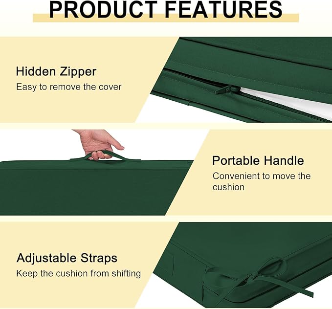 downluxe Waterproof Outdoor Chair Cushions Set of 2, 19" x 19" x 3" Patio Chair Cushion with Non-Slip Ties & Handle, Square Outdoor Cushion for Patio Furniture with Removable Cover, Forest Green