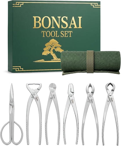 6-Piece Bonsai Tools Set with Tool Roll Bag Organizer, Heavy Duty Bonsai Tree Kit, Include Concave Cutter, Knob Cutter, Trunk Splitter, Bonsai Scissors, Wire Cutter, Jin Pliers