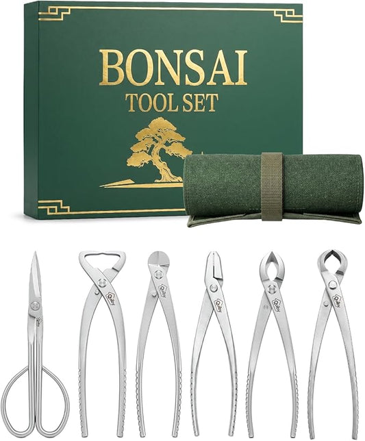 6-Piece Bonsai Tools Set with Tool Roll Bag Organizer, Heavy Duty Bonsai Tree Kit, Include Concave Cutter, Knob Cutter, Trunk Splitter, Bonsai Scissors, Wire Cutter, Jin Pliers