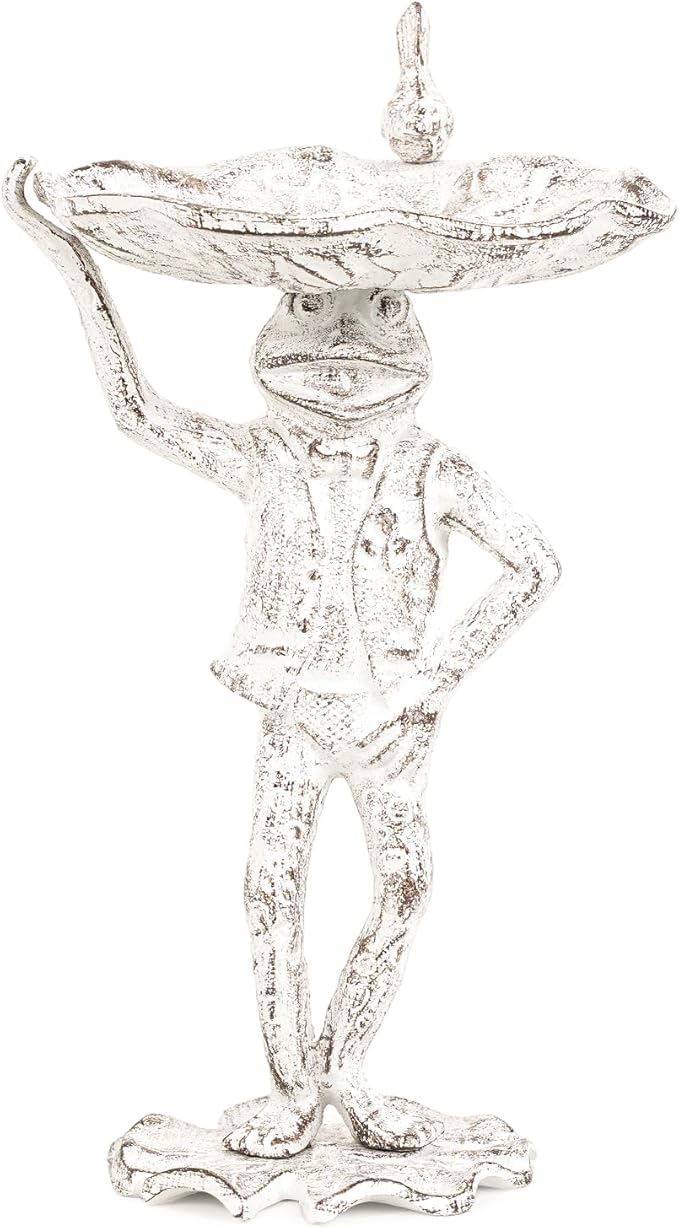 Sungmor Cast Iron Frog Bird Feeder, Garden Frog Statue Holding Leaf Outdoor Small Bird Bath Bowl, Indoor Candy Dish, Patio Tabletop Decoration