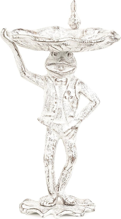 Sungmor Cast Iron Frog Bird Feeder, Garden Frog Statue Holding Leaf Outdoor Small Bird Bath Bowl, Indoor Candy Dish, Patio Tabletop Decoration