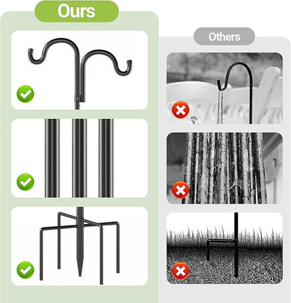 Double Shepherds Hooks for Outdoor, 60" Heavy Duty Bird Feeder Pole with 5 Prong Base, Adjustable Shepherds Hook for Bird feeders Outside, Garden, Weddings, Hanging Plants, 2 Pack, Black