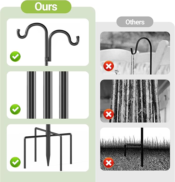 Double Shepherds Hooks for Outdoor, 76" Heavy Duty Bird Feeder Pole with 5 Prong Base, Adjustable Shepherds Hook for Bird feeders Outside, Garden, Weddings, Hanging Plants, 2 Pack, Black