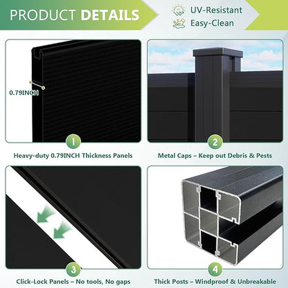 Mondaria Aluminum Privacy Fence Panels for Outside, 6ft(W) x 6ft(H) Decorative Fence with 2 No-dig Posts, Wind Resistant Fencing Panels for Yard, Patio & Pool (Black)