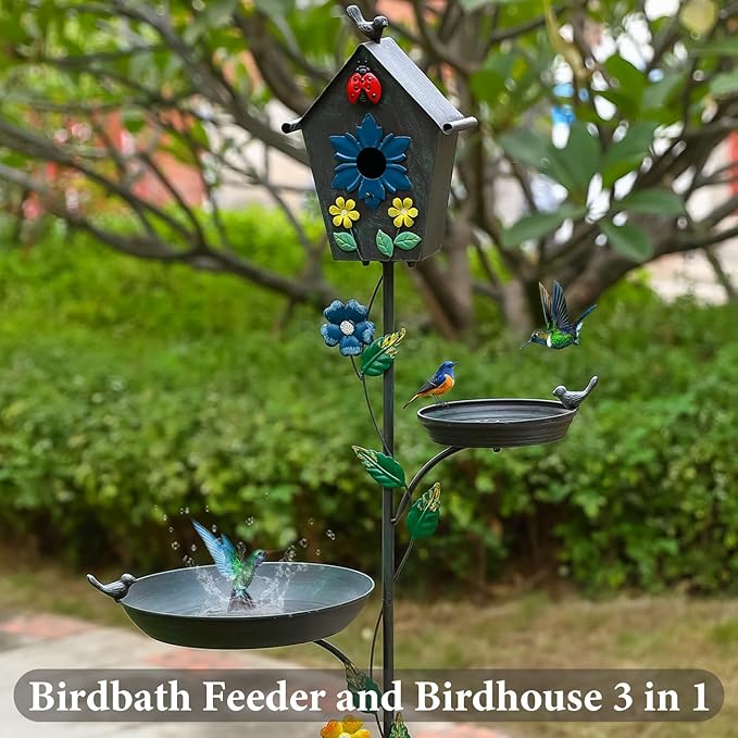Metal Bird Bath Feeder and Bird House on Pole, 69.5" H Free Standing Bird Houses, Tall Cast Iron Bird Baths with 5-Prong Stake, Stylish Birdhouse with Birdbath Bowl for Outdoors Garden Yard Decor