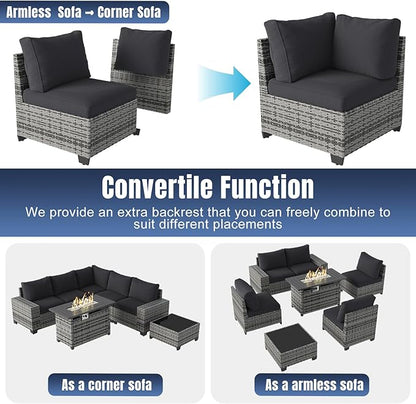 Aoxun 7 Pieces Patio Furniture Set with 44” Fire Pit Table Wicker Rattan Outdoor Sectional Conversation Set with Coffee Table and 4” Thickened Cushions, Gray/Black(Waterproof Cover Included)