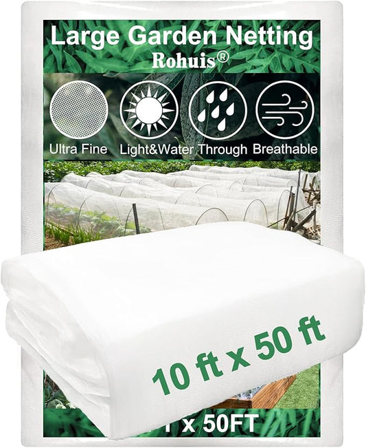 Rohuis Garden Netting Pest Barrier, 10 ft x 50 ft Ultra Fine Mesh Mosquito Cicada Bird Bug Net for Raised Garden Bed Greenhouse, Plant Row Cover for Protect Vegetables Fruits Flowers Trees from Insect