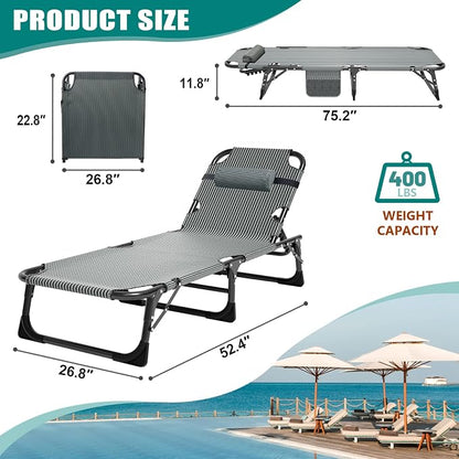 DoCred Folding Lounge Chair, 5 Position Adjustable Folding Sleeping Bed Cot Chaise Lounge Chairs Perfect for Sunbathing, Camping, Pool, Beach, Patio