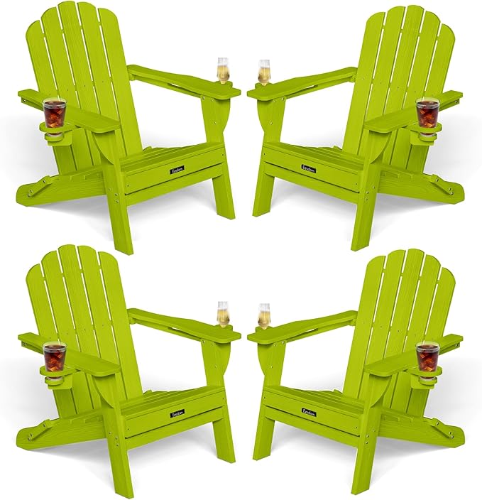 Adirondack Chairs Set of 4, Foldable Adirondack Chairs with 2 Cup Holder, Wood Texture HDPE Fire Pit Chairs, Outdoor Lawn Chair for Patio Garden, LemonGreen