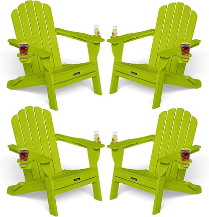Adirondack Chairs Set of 4, Foldable Adirondack Chairs with 2 Cup Holder, Wood Texture HDPE Fire Pit Chairs, Outdoor Lawn Chair for Patio Garden, LemonGreen