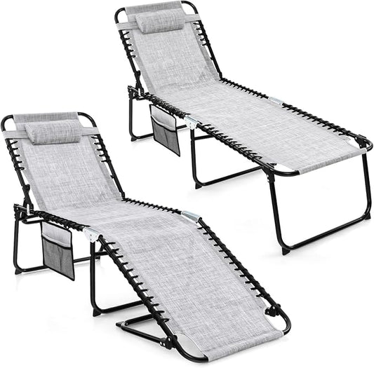 GYMAX Lounge Chairs for Outside, Extra High Folding Beach Tanning Lounger with Adjustable Backrest, Footrest & Removable Pillow, Sunbathing Lounge for Patio, Poolside (2, Grey with Pocket)