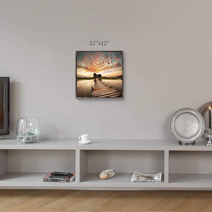 Hardy Gallery Sunset Landscape Painting: Boardwalk Stair to Heavy Sunset Lake Picture Print on Rustic Wood Wall Art Framed (12” x 12”)