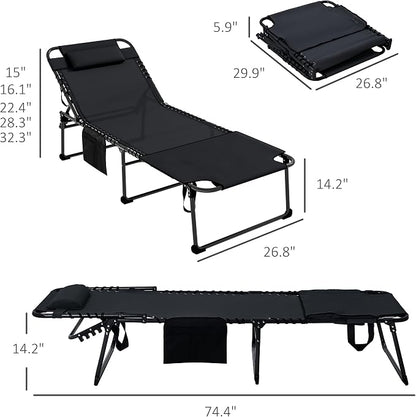 Outsunny 2 Piece Folding Chaise Lounge with 5-Level Reclining Back, Tanning Chair with Face Hole, Outdoor Lounge Chair with Side Pocket & Headrest for Beach, Yard, Patio, Black