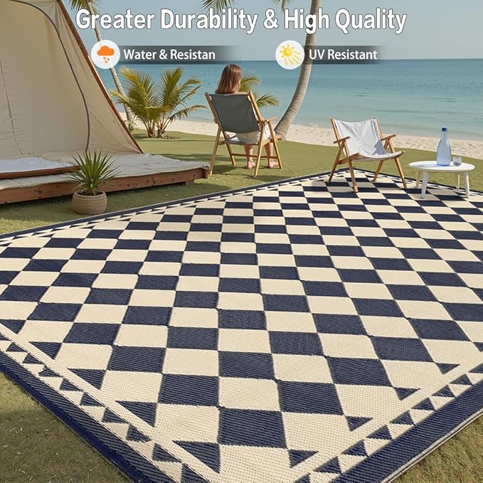 HUGEAR Outdoor Waterproof Rug 10'x14' Plastic Straw Rugs Washable Reversible Floor Mat Beige Plaid Carpet for Camping RV Deck Entryance Porch Picnic Balcony Beach Backyard