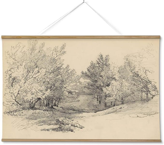 ARPEOTCY Extra Large Vintage Framed Wall Art, 36x54 Inch Sketch Forest Landscape Hanging Canvas Prints, Scroll Wall Decor for Living Room Bedroom, Retro Scenery Pictures Above of Bed