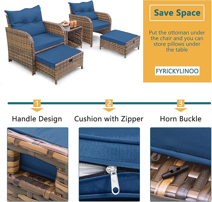 5 Pieces PE Wicker Outdoor Chairs with Ottomans, 5 PCS Rattan Patio Furniture Set with Ottoman, Patio Chairs with Ottomans for Porch Balcony Sunroom, Blue Cushion