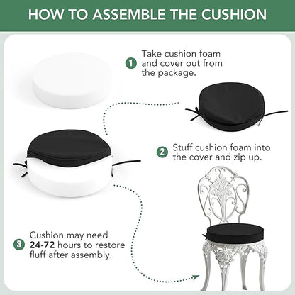 Summsun Outdoor Bistro Chair Cushions Set of 2, 15" D x 3" H Round Chair Cushions Waterproof and Fade Resistant Chair Cushion Pads with Non-Slip Ties and Removable Covers for Garden, Black