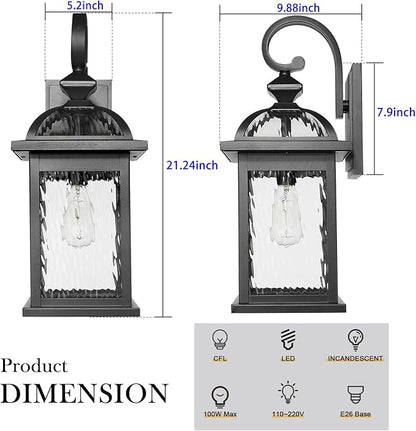 Darkaway Outdoor Lights Fixture Wall Mount, Large 22inch Exterior Wall Light with Water Ripple Glass Waterproof Black Outside Wall Sconce for House Porch Hallway Garage