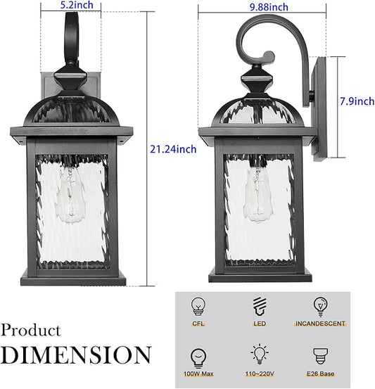 Darkaway Outdoor Lights Fixture Wall Mount, Large 22inch Exterior Wall Light with Water Ripple Glass Waterproof Black Outside Wall Sconce for House Porch Hallway Garage
