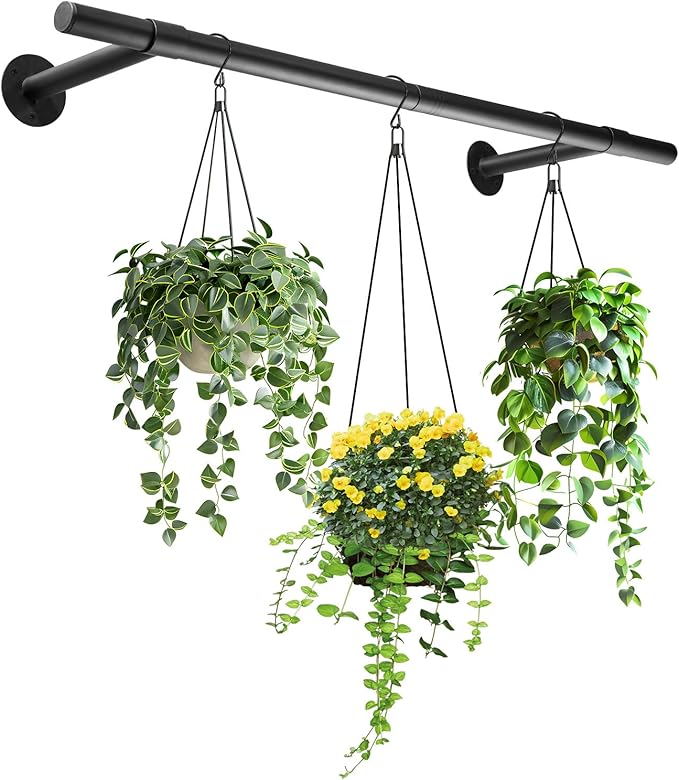 Hanging Planters Rod – Plant Hanger Indoor for Window Ceiling, Hanging Plant Shelf for Wall Planter House Plants, Plant Shelves Metal Holder Bar 31.5In Black (Pots, plants, chains not included)