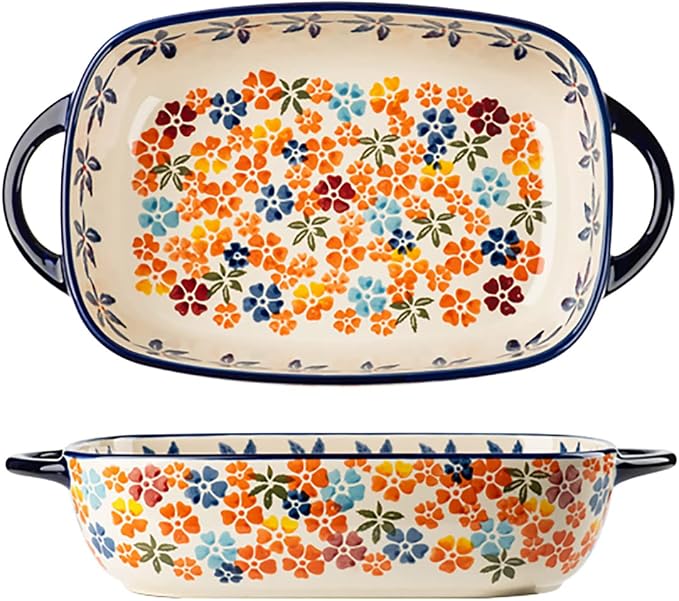 Colorful Cherry Blossom Flowers Vintage Style Ceramic Bakeware Dish Casserole Dish Baking Pan Lasagna Pans with Handles for Oven/Cooking/Kitchen, 1 PCS, 60 oz