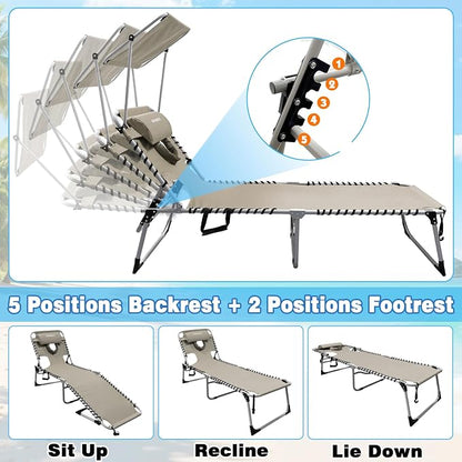 Outdoor Tanning Chair with Sun Canopy Shade & Face Hole, Folding Lounge Chair with Beach Table and Carry Bag for Poolside Sunbathing Lawn