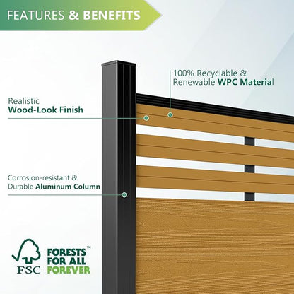 Mondaria Semi-Closed Privacy Fence Panels with 1 Post for Outside, 6ft(W) x 6ft(H), Wind Resistant Wood Plastic Composite Fencing Panels for Patio, Backyard, Garden and Pool, Yellow Teak