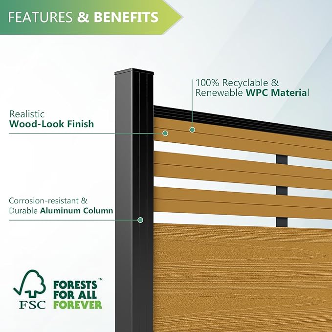 Mondaria Semi-Closed Privacy Fence Panels with 2 Posts for Outside, 6ft(W) x 6ft(H), Wind Resistant Wood Plastic Composite Fencing Panels for Patio, Backyard, Garden and Pool, Yellow Teak