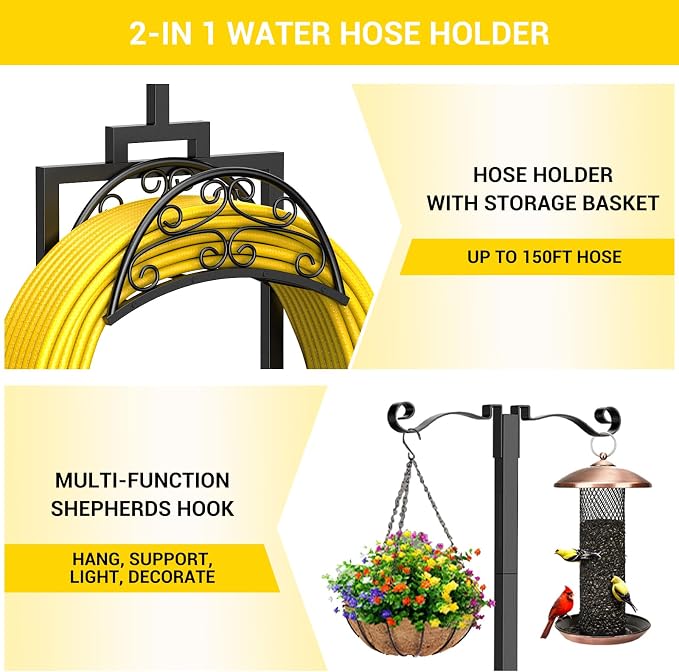 Garden Hose Holder with Shepherds Hooks - Freestanding Metal Water Hose Holder Stand Holds 150ft, Heavy Duty Garden Hoses Hanger Storage Rack for Outside Yard Lawn Farm