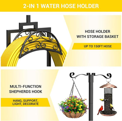 Garden Hose Holder with Shepherds Hooks - Freestanding Metal Water Hose Holder Stand Holds 150ft, Heavy Duty Garden Hoses Hanger Storage Rack for Outside Yard Lawn Farm