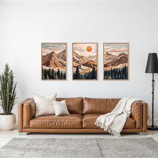 KAIRNE Vintage Mountain Framed Canvas Wall Art Set,Boho Pine Tree Forest Wall Decor,Woodcut Wilderness Landscape Art Prints,Nature Sunrise Artwork for Living Room,Bedroom,Farmhouse,Office-24 x36 x3