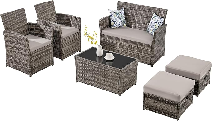 FHFO 6 Pieces Outdoor Patio Furniture Set, Wicker Sectional Sofa Patio Conversation Set Couch with Ottomans Rattan Chair and Table for Garden, Yard,Gray-Gray