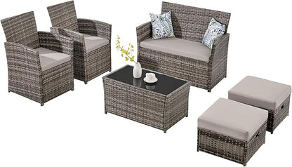 FHFO 6 Pieces Outdoor Patio Furniture Set, Wicker Sectional Sofa Patio Conversation Set Couch with Ottomans Rattan Chair and Table for Garden, Yard,Gray-Gray
