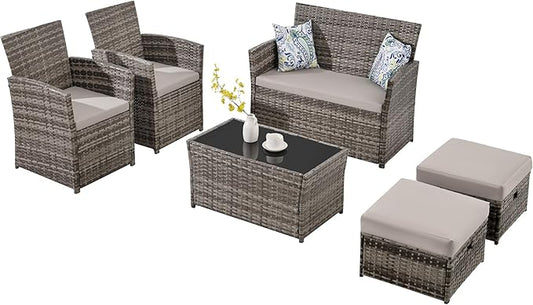 FHFO 6 Pieces Outdoor Patio Furniture Set, Wicker Sectional Sofa Patio Conversation Set Couch with Ottomans Rattan Chair and Table for Garden, Yard,Gray-Gray