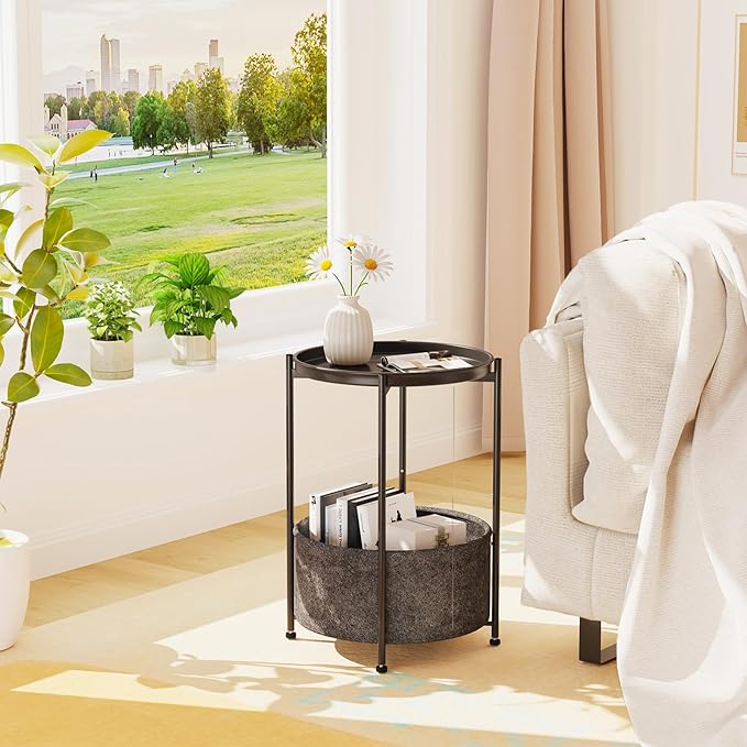Garden 4 you Small Side Table, Mini Round End Table, Black Tray Table with Fabric Storage Basket, Modern Nightstand for Living Room, Bedroom, Patio, Small Space, 2pcs