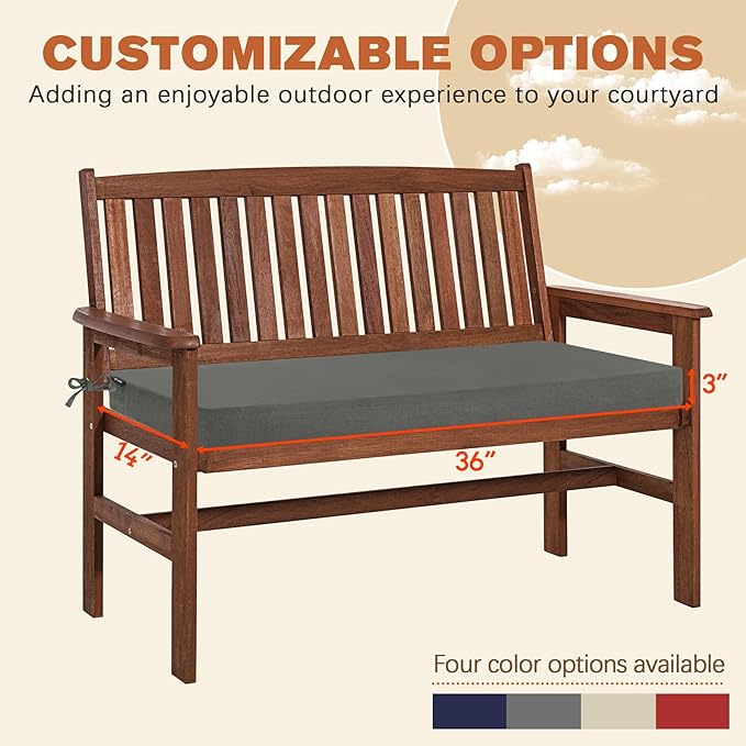 Favoyard Outdoor Bench Cushion 36 x 14 Inch Rainproof Patio Furniture Cushions 3-Year Color Fastness Garden Settee Porch Pads with Ties, Dark Gray