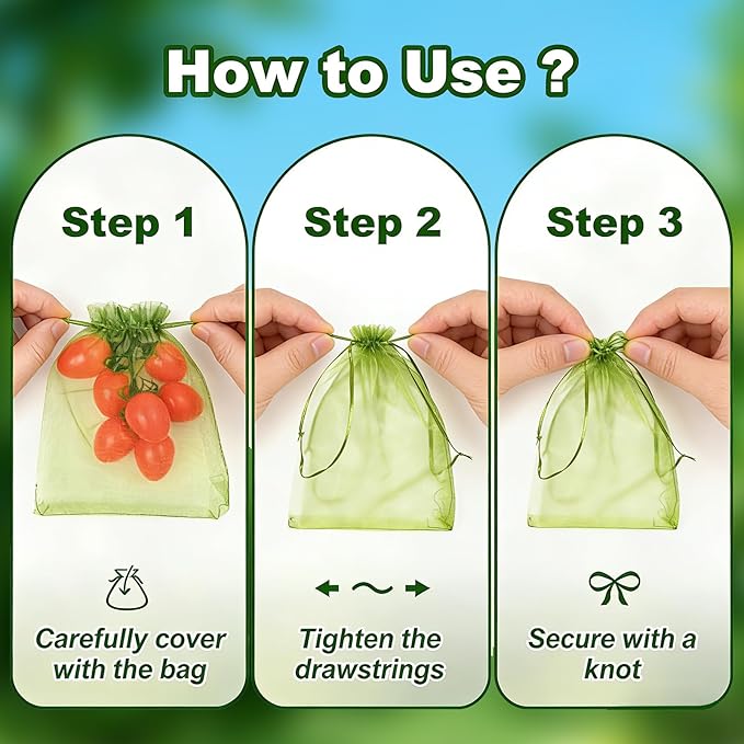 100pcs Green Fruit Netting Bags,5.9x7.9 Inch Drawstring Mesh Pest Bird Barrier for Tomato Apple Peach Plum Garden Fruits