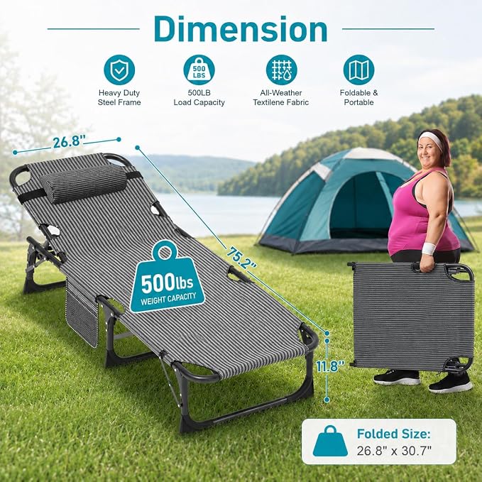 ABORON Tanning Chairs, 2 Pack, 5-Position Padded Folding Loungers | Set of 2 folding chaise lounges with 5-position backs, padded mats and pillows; supports up to 500 lb per chair.