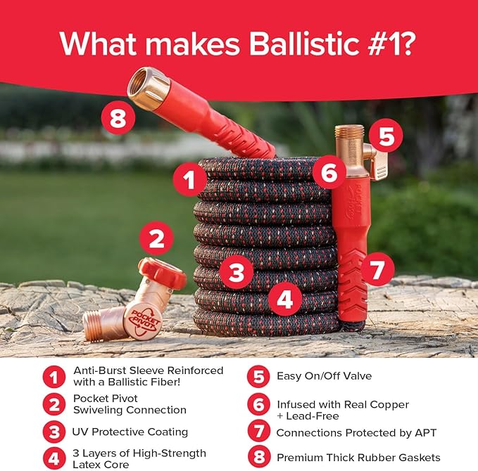 Pocket Hose Ballistic 100 FT Expandable Garden Hose w/Pocket Pivot Swivel Connector, Anti-Burst Sleeve Reinforced with Bulletproof Fiber, Lightweight, No-Kink, Compact, UV-Protected, AS SEEN ON TV