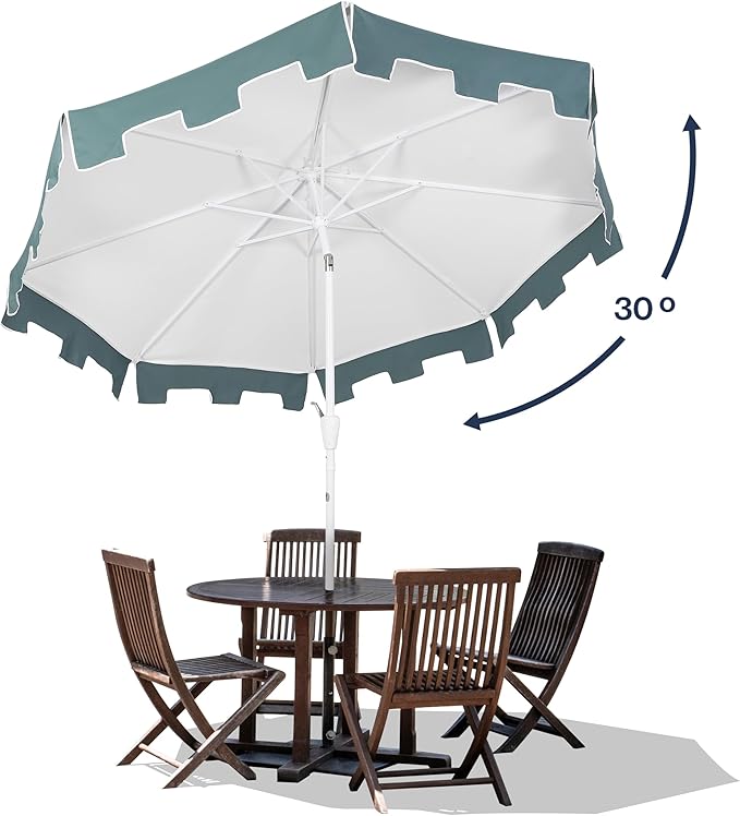 JONATHAN Y UMB1000D Baiona 9 ft. Classic MidCentury Market Patio Umbrella with UV Protection, Auto-Tilt, Crank and Wind Vent in White/Green