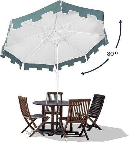JONATHAN Y UMB1000D Baiona 9 ft. Classic MidCentury Market Patio Umbrella with UV Protection, Auto-Tilt, Crank and Wind Vent in White/Green