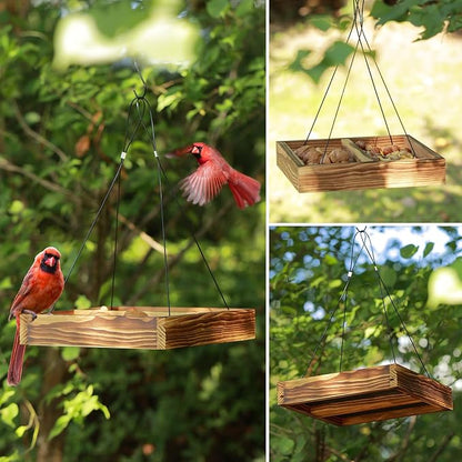MIXXIDEA Bird Feeder Hanging Tray, Wooden Platform Hummingbird Feeder Mesh Seed Platform for Garden Yard Outside Decoration Attracting Wild Birds (Brown)