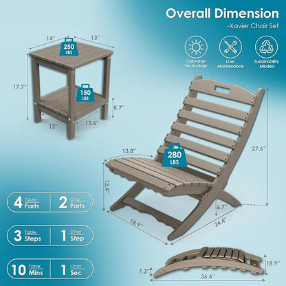 GREENVINES 3 Pieces Patio Furniture Set | Outdoor Bistro Sets for 2 | HDPE Wood Grain | Folding-Adirondack-Chairs-with-Side-Table | All Weather | Xavier Chair | for Porch Deck Poolside | Desert Brown