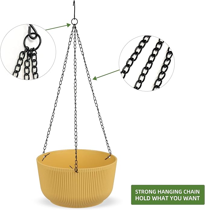 Dexceder 9.8 Inch Self Watering Hanging Planters Indoor Outdoor, Thickened Hanging Basket Flower Plant Pot (2 Pack, Yellow)