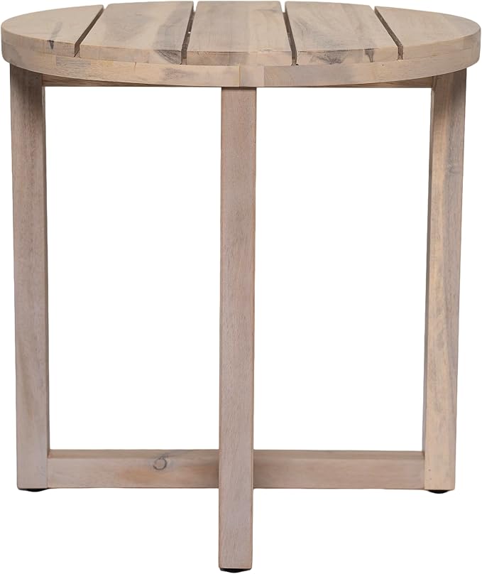 Christopher Knight Home Jara Outdoor Round Side Table, Slat Panel Small Coffee Table, Acacia Wood Side Desk for Backyard Balcony Garden, Weather Resistant Patio End Table, Light White