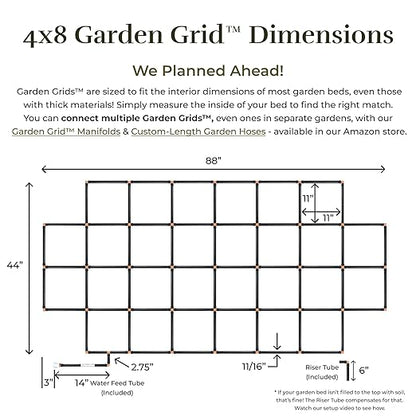Garden Grid Watering System, 4x8 Cornerless | Garden Irrigation System for Garden Beds | Pre-Assembled, Waters Every Plant, USA-Made | Ideal for Beds w/Corner Posts or Curved Ends | 44"x88"