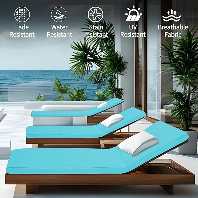 Outdoor Chaise Lounge Cushions for Patio, Lounge Chair Cushions, Waterproof Replacement Seat Pads for Outdoor Furniture (2, Teal, 80"x26"x3")