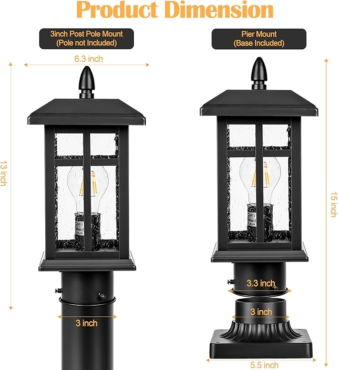 2 Packs Outdoor Post Light, Black Pole Lantern Lighting Fixture with Pier Mount Base, Exterior Lamp Post Lantern with Glass for Garden Yard Patio Path